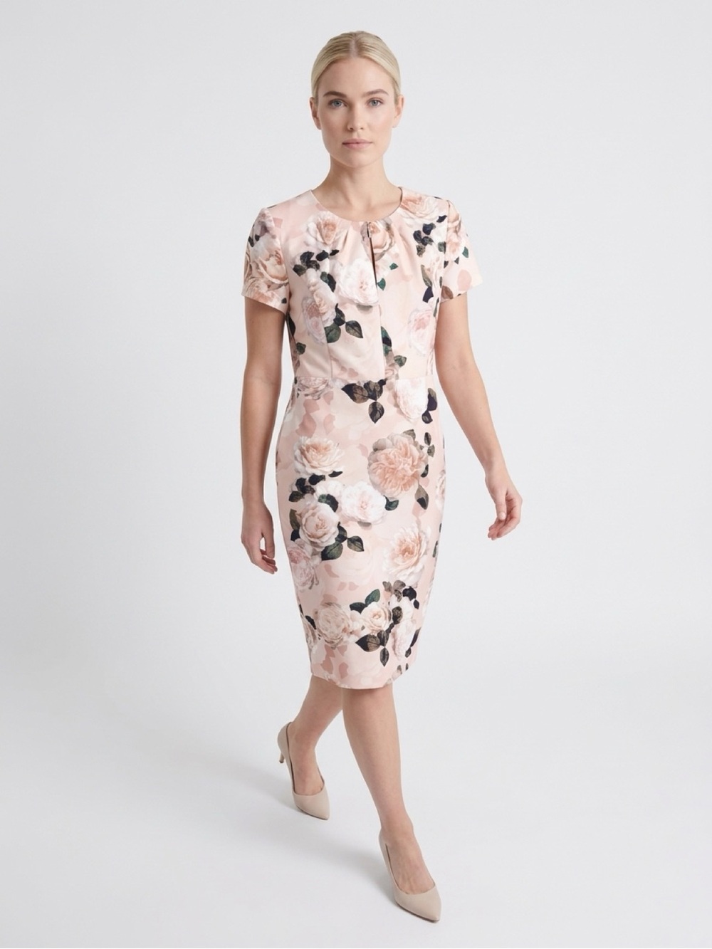 Suzy Shier Blush Pink Floral Midi Dress